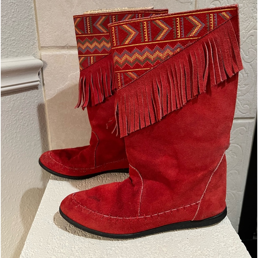 Vintage ladies red suede moccasin high boots sz 7 38